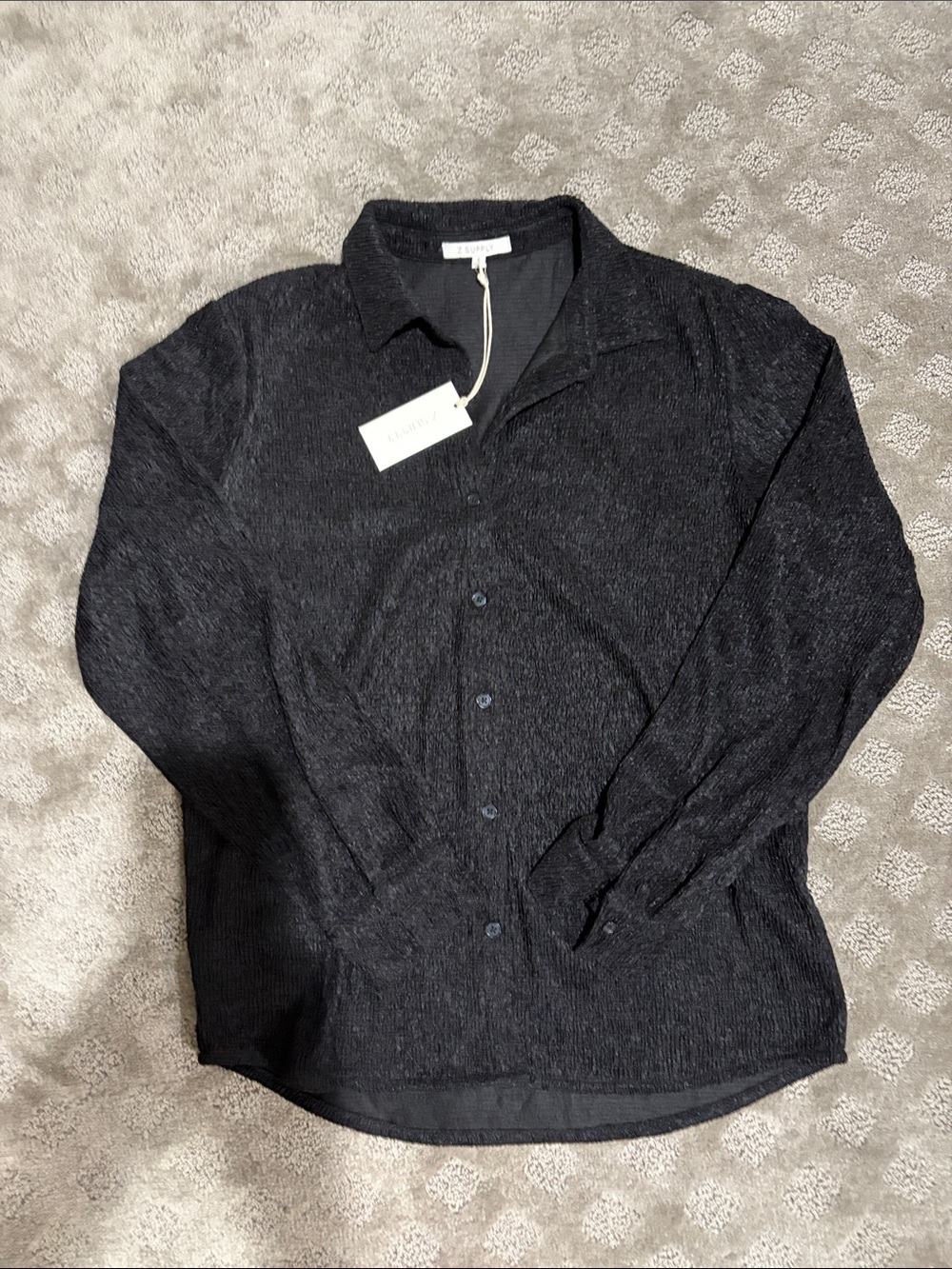 Women's Black Button-Down Textured Shirt - Classic Collar